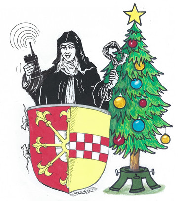 Die Wattenscheider Stadtpatronin Sankt Gertrud von Brabant hält ein Funkgerät in der Hand. Unter ihr das Wattenscheider Stadtwappen. Im Hintergrund steht ein geschmückter Weihnachtsbaum.